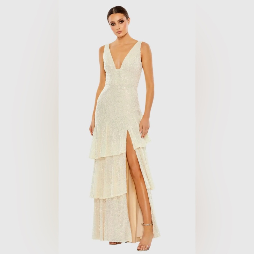Mac DUGGAL- Beige Sequin Asymmetrical Ruffle Tiered Gown